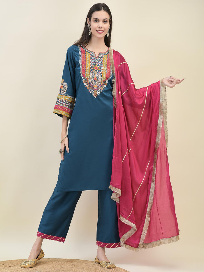 Women Poly Viscose Blue Embroidered Kurta Comfort Pant Dupatta.