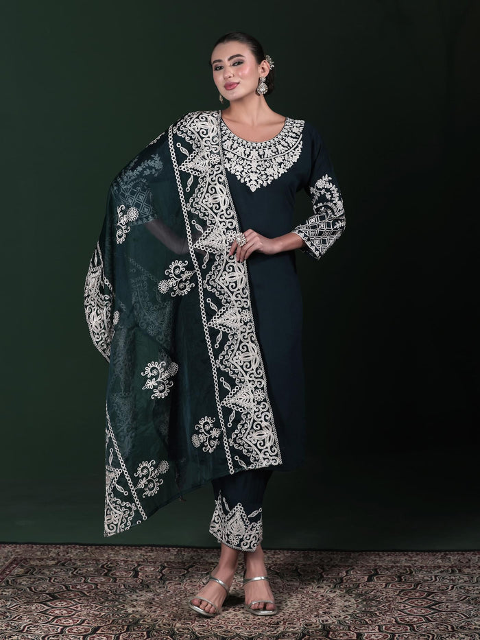 Women Poly Viscose Blue Embroidered Kurta Comfort Pant Dupatta.
