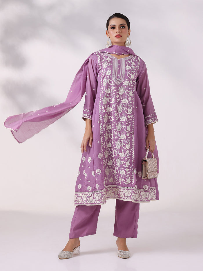 Women Poly Viscose Blue Embroidered Kurta Comfort Pant Dupatta