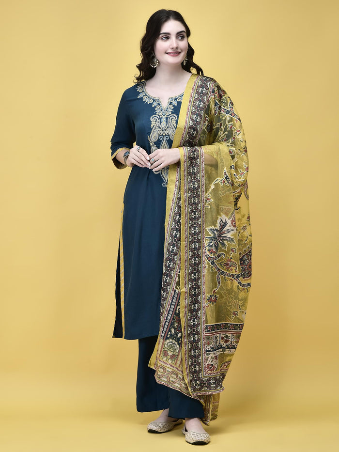 Women Poly Viscose Blue Embroidered Kurta Comfort Pant Dupatta.