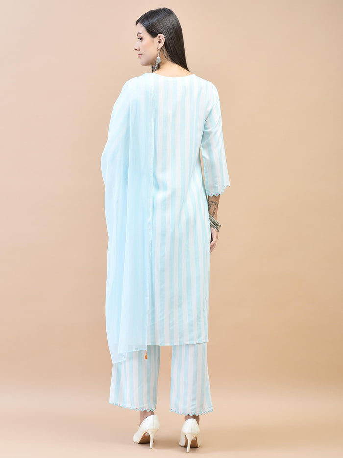 Women Poly Viscose Blue Embroidered Kurta Comfort Pant Dupatta.