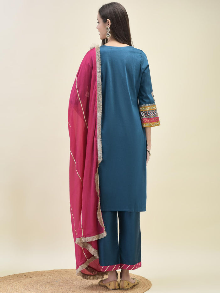 Women Poly Viscose Blue Embroidered Kurta Comfort Pant Dupatta.