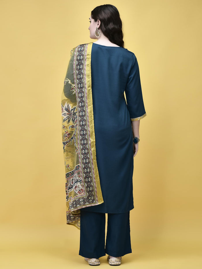 Women Poly Viscose Blue Embroidered Kurta Comfort Pant Dupatta.