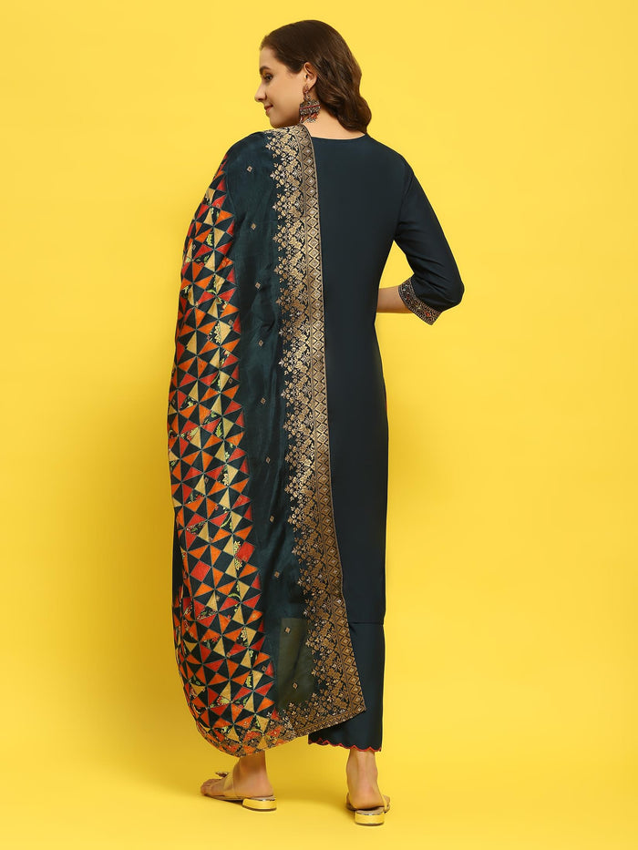 Women Poly Viscose Blue Embroidered Kurta Comfort Pant Dupatta.