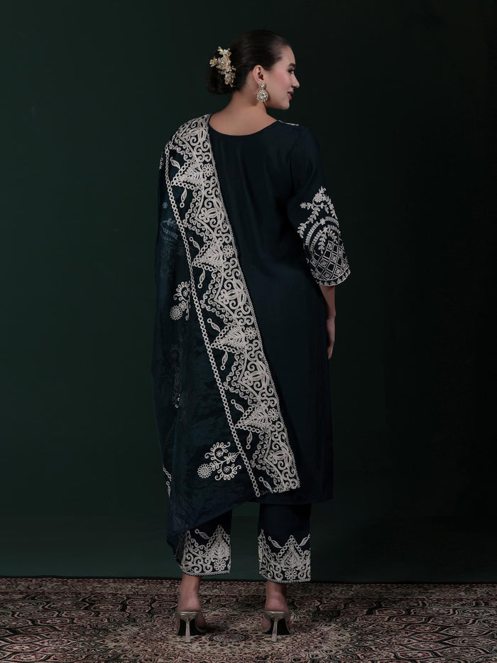 Women Poly Viscose Blue Embroidered Kurta Comfort Pant Dupatta.