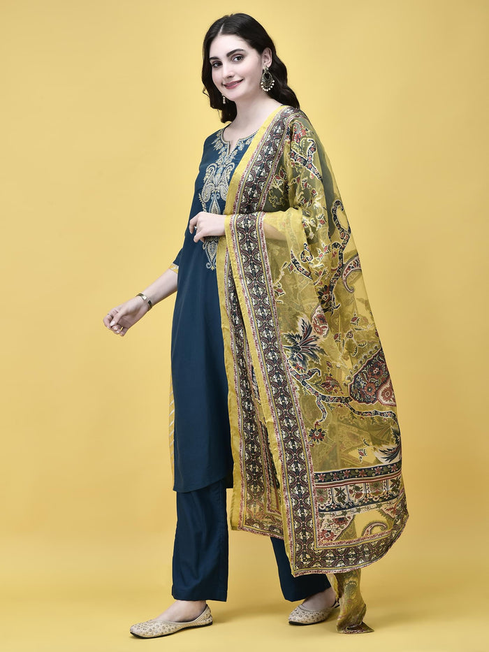 Women Poly Viscose Blue Embroidered Kurta Comfort Pant Dupatta.