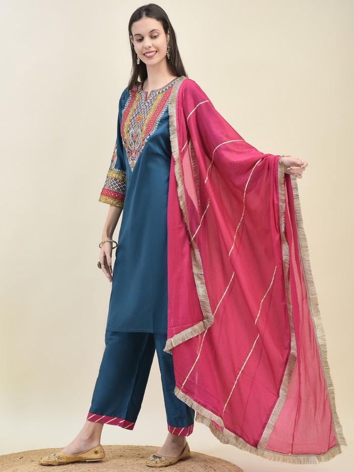 Women Poly Viscose Blue Embroidered Kurta Comfort Pant Dupatta.
