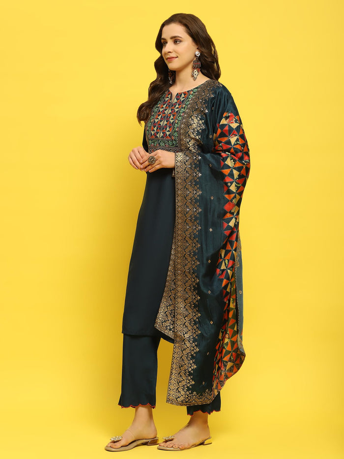Women Poly Viscose Blue Embroidered Kurta Comfort Pant Dupatta.