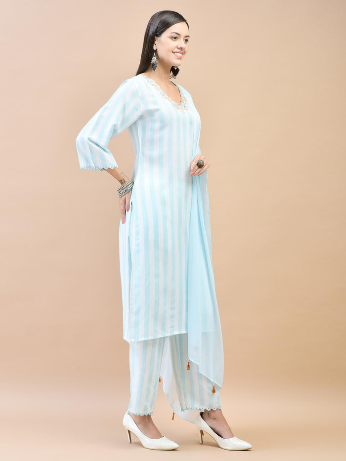 Women Poly Viscose Blue Embroidered Kurta Comfort Pant Dupatta.