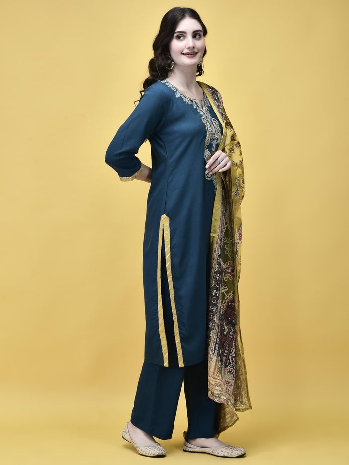 Women Poly Viscose Blue Embroidered Kurta Comfort Pant Dupatta.