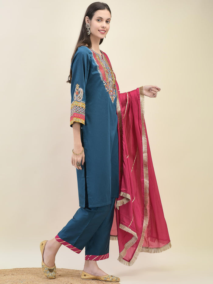 Women Poly Viscose Blue Embroidered Kurta Comfort Pant Dupatta.