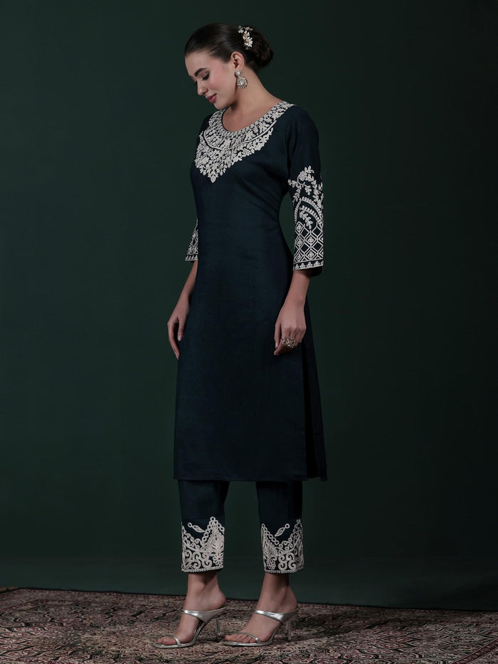 Women Poly Viscose Blue Embroidered Kurta Comfort Pant Dupatta.