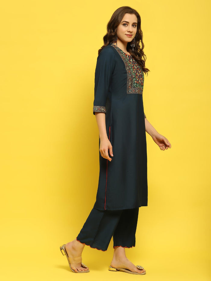 Women Poly Viscose Blue Embroidered Kurta Comfort Pant Dupatta.