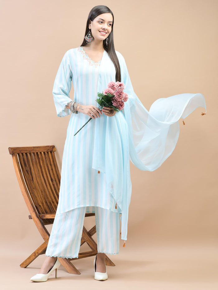 Women Poly Viscose Blue Embroidered Kurta Comfort Pant Dupatta.