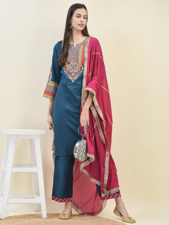 Women Poly Viscose Blue Embroidered Kurta Comfort Pant Dupatta.