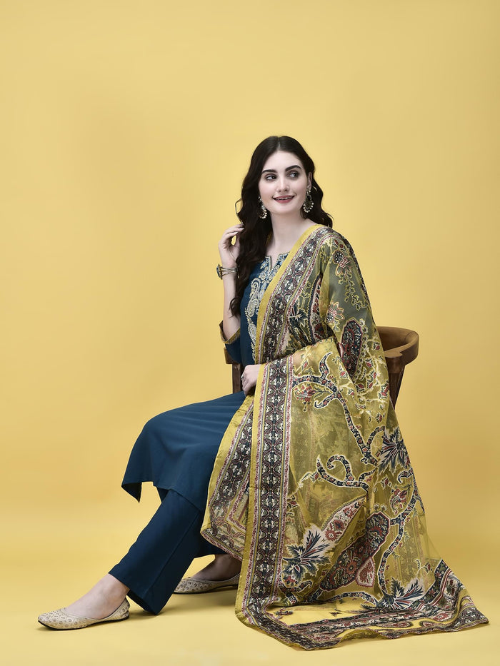 Women Poly Viscose Blue Embroidered Kurta Comfort Pant Dupatta.