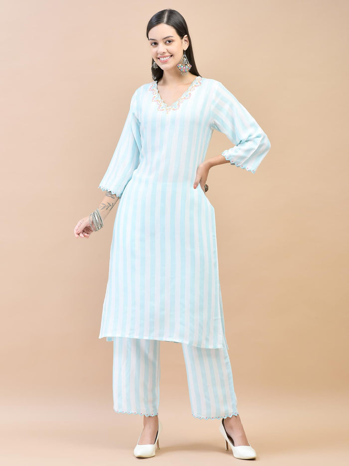 Women Poly Viscose Blue Embroidered Kurta Comfort Pant Dupatta.