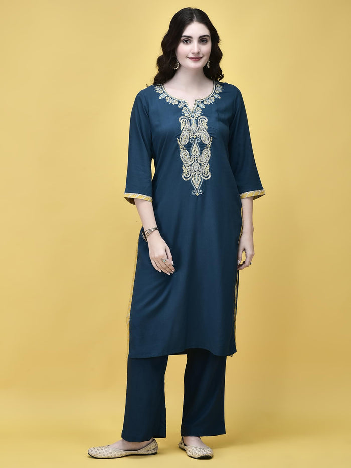 Women Poly Viscose Blue Embroidered Kurta Comfort Pant Dupatta.