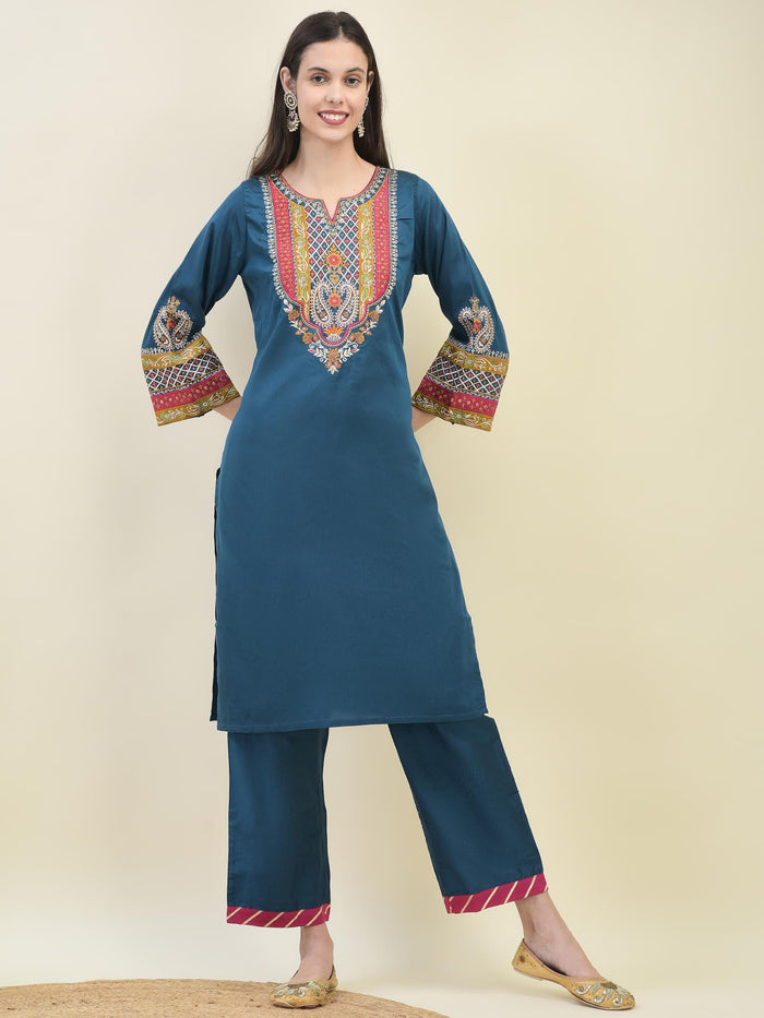 Women Poly Viscose Blue Embroidered Kurta Comfort Pant Dupatta.