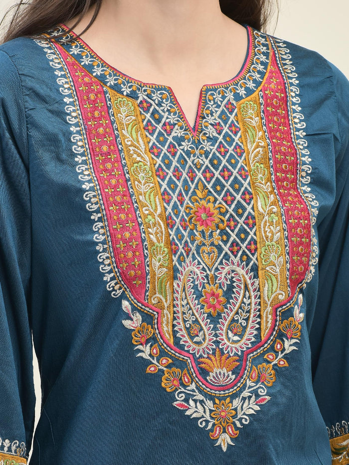 Women Poly Viscose Blue Embroidered Kurta Comfort Pant Dupatta.