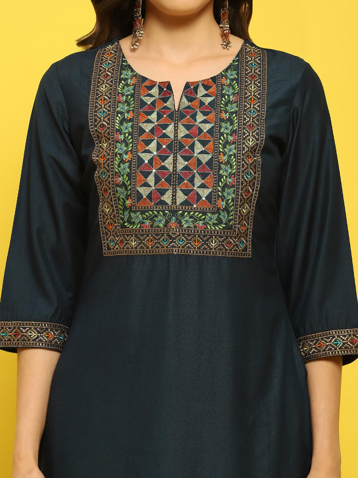 Women Poly Viscose Blue Embroidered Kurta Comfort Pant Dupatta.