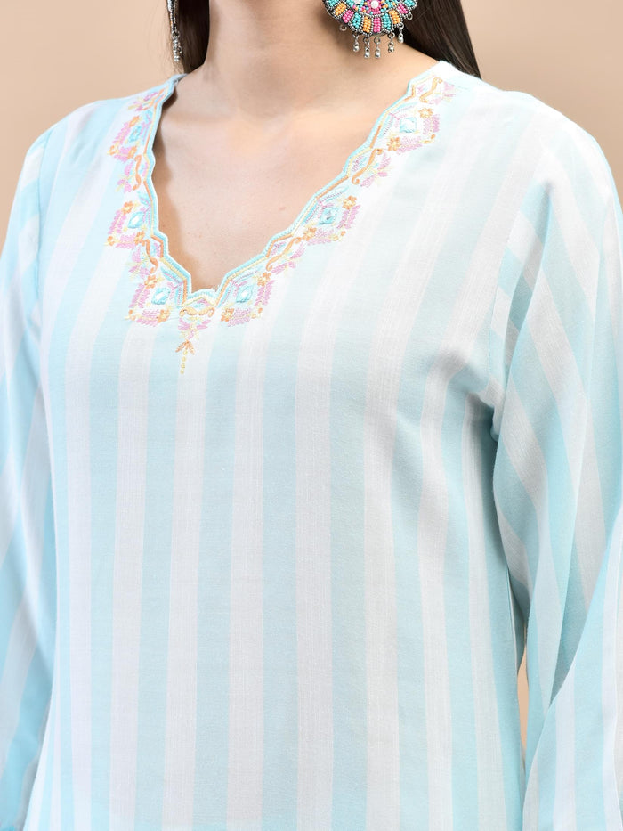 Women Poly Viscose Blue Embroidered Kurta Comfort Pant Dupatta.