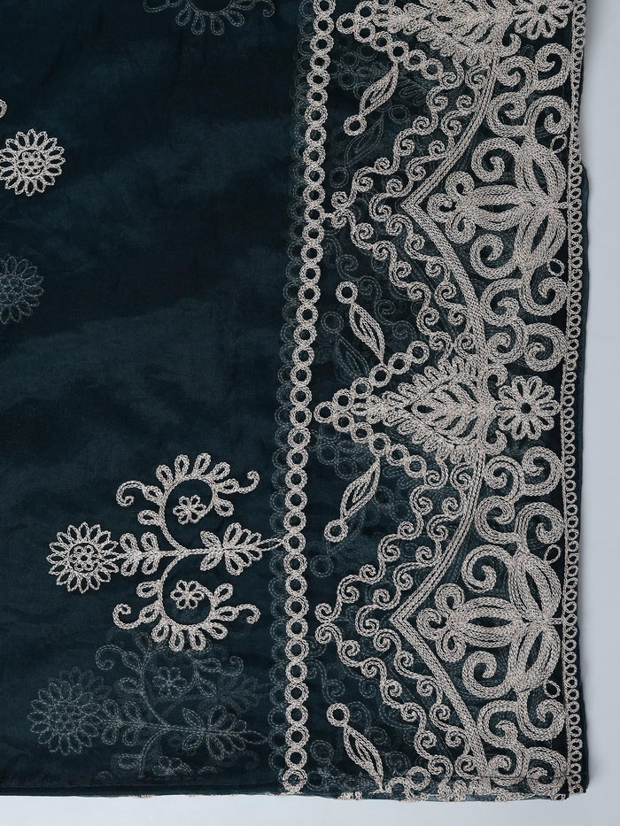 Women Poly Viscose Blue Embroidered Kurta Comfort Pant Dupatta.