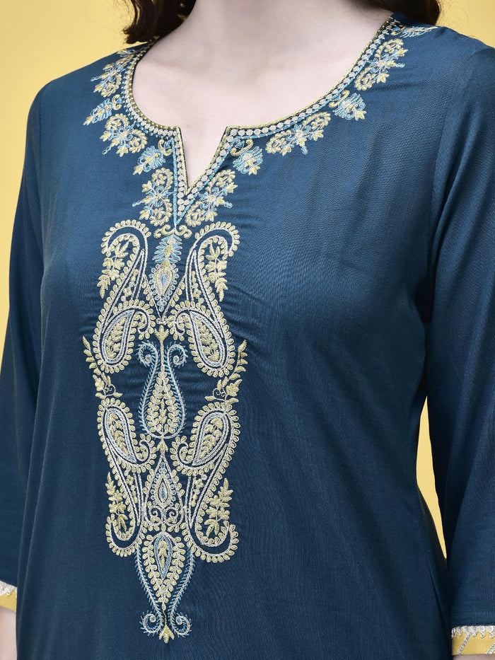 Women Poly Viscose Blue Embroidered Kurta Comfort Pant Dupatta.