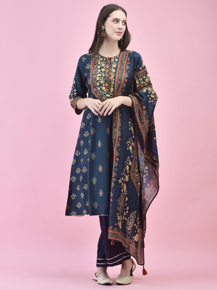 Women Poly Viscose Blue Floral Print Kurta Trouser Dupatta.