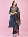 Women Poly Viscose Blue Floral Print Kurta Trouser Dupatta.