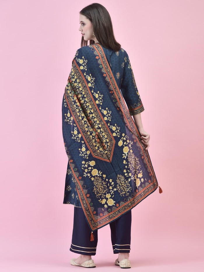 Women Poly Viscose Blue Floral Print Kurta Trouser Dupatta.