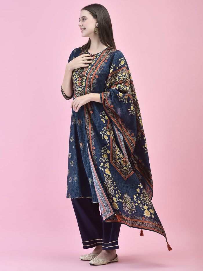 Women Poly Viscose Blue Floral Print Kurta Trouser Dupatta.