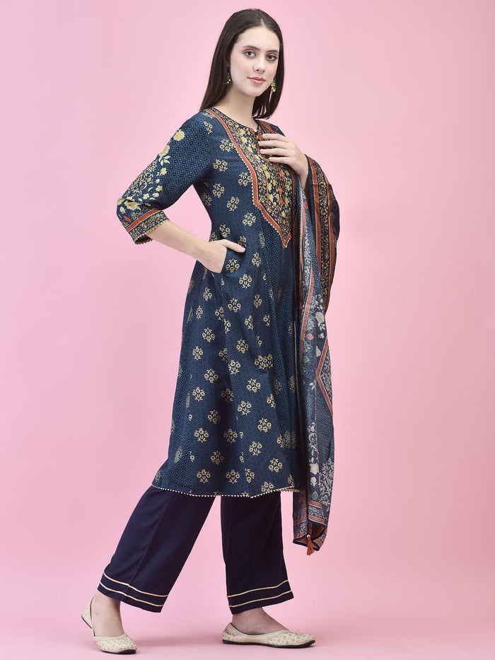 Women Poly Viscose Blue Floral Print Kurta Trouser Dupatta.