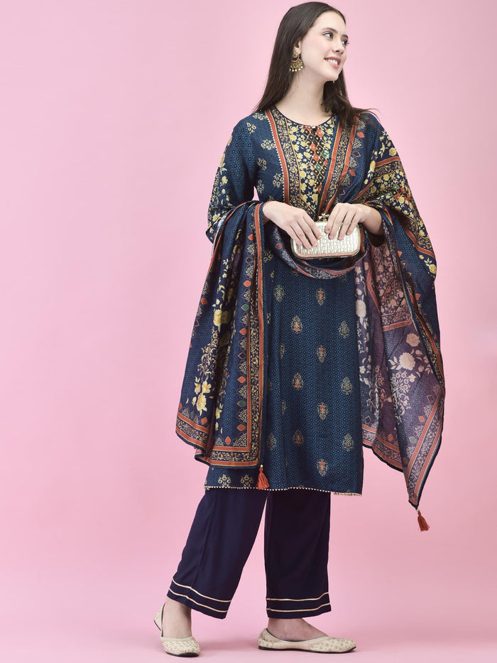 Women Poly Viscose Blue Floral Print Kurta Trouser Dupatta.