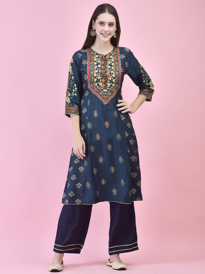 Women Poly Viscose Blue Floral Print Kurta Trouser Dupatta.
