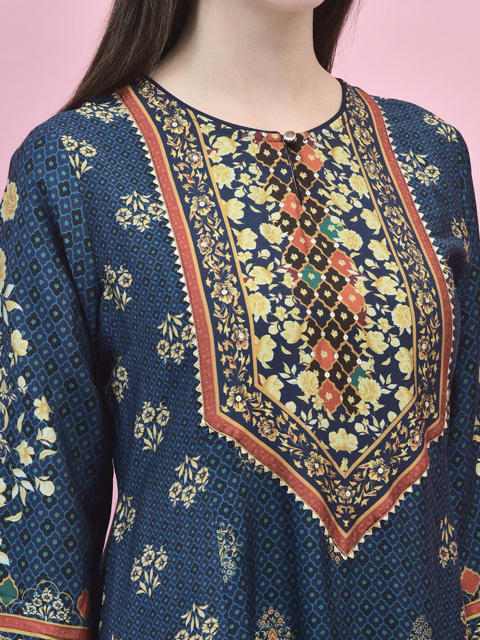 Women Poly Viscose Blue Floral Print Kurta Trouser Dupatta.