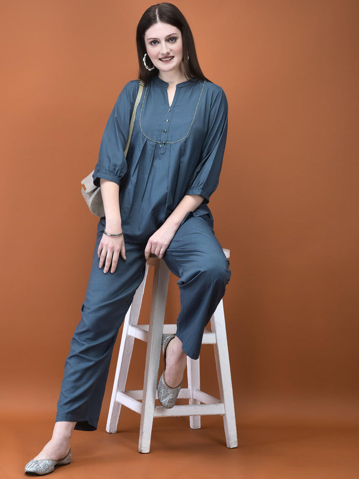 Women Poly Viscose Blue Solid Co-Ord Set.