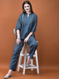 Women Poly Viscose Blue Solid Co-Ord Set.