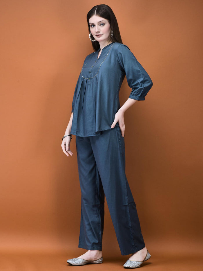 Women Poly Viscose Blue Solid Co-Ord Set.