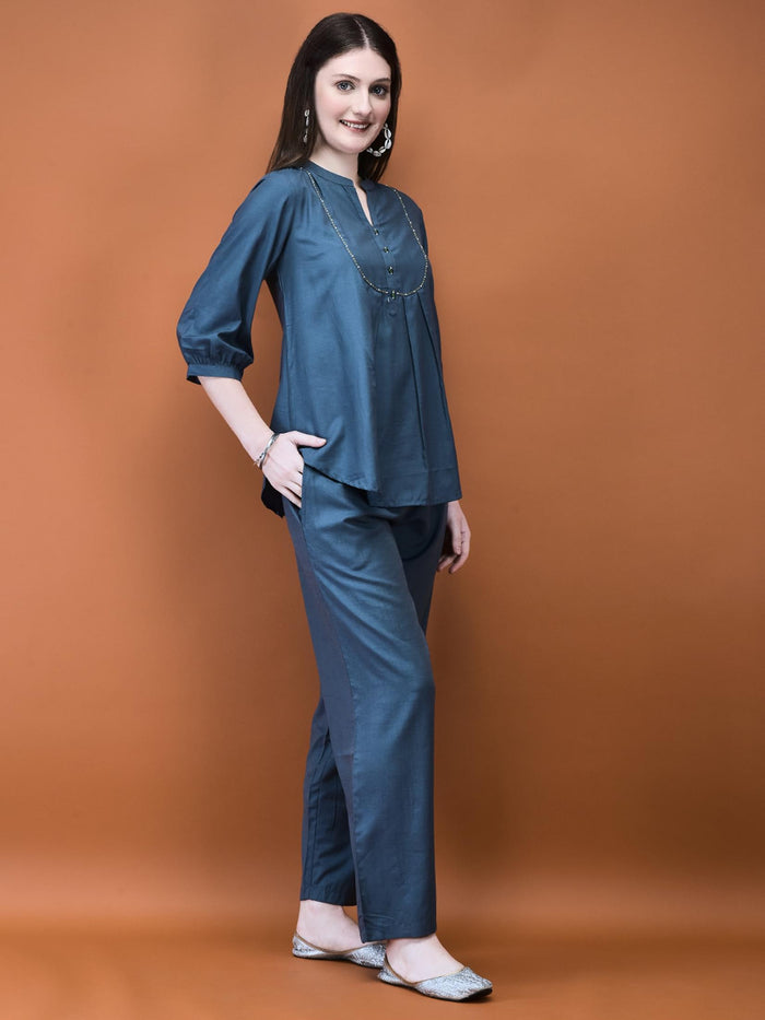Women Poly Viscose Blue Solid Co-Ord Set.