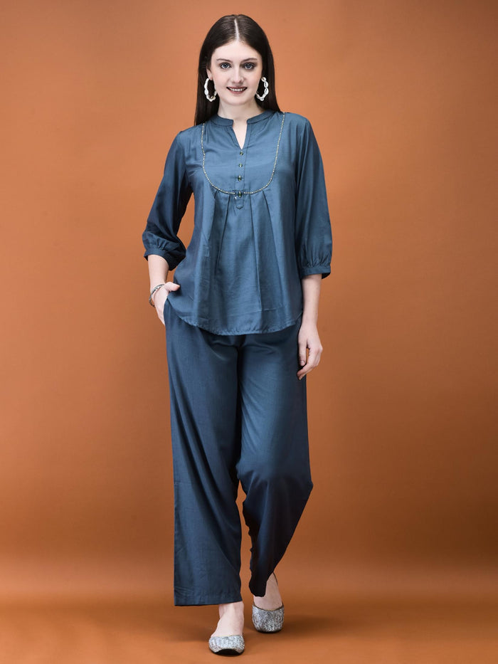 Women Poly Viscose Blue Solid Co-Ord Set.