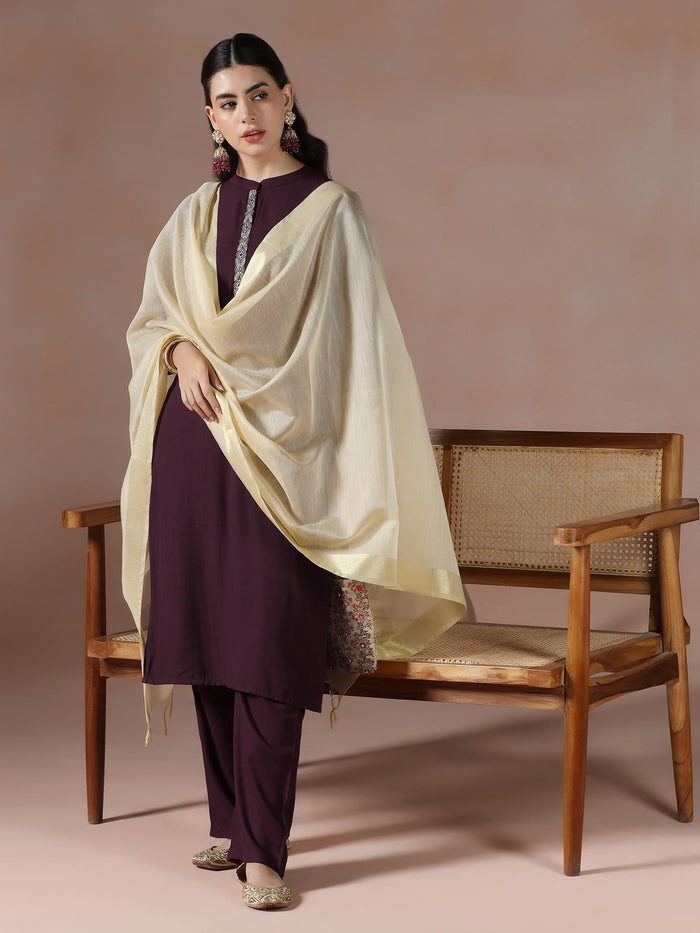 Women Poly Viscose Burgundy Embroidered Kurta Comfort Pant Dupatta.