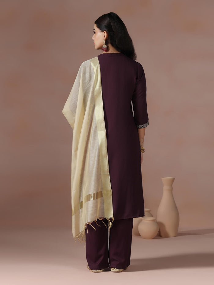 Women Poly Viscose Burgundy Embroidered Kurta Comfort Pant Dupatta.