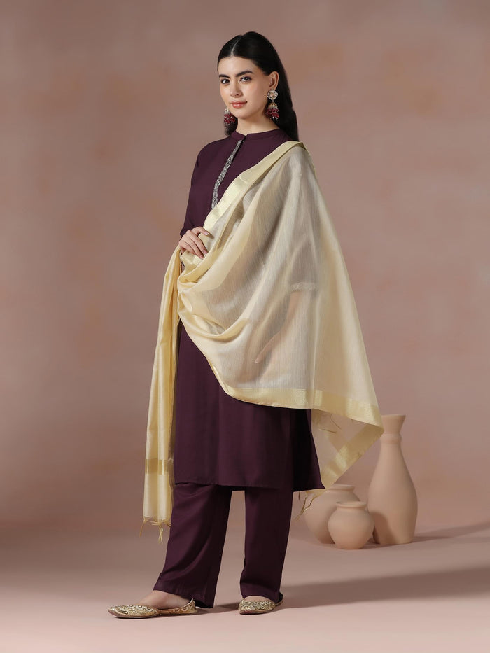 Women Poly Viscose Burgundy Embroidered Kurta Comfort Pant Dupatta.