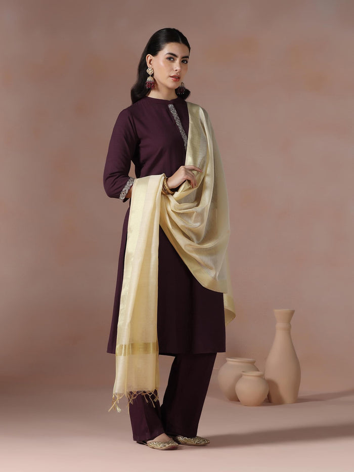Women Poly Viscose Burgundy Embroidered Kurta Comfort Pant Dupatta.