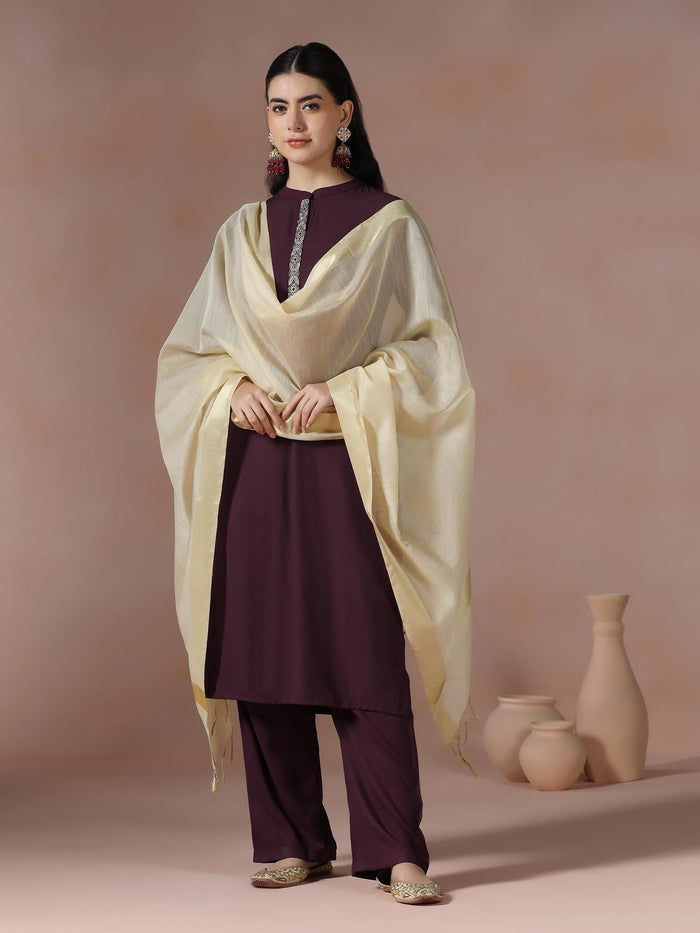 Women Poly Viscose Burgundy Embroidered Kurta Comfort Pant Dupatta.