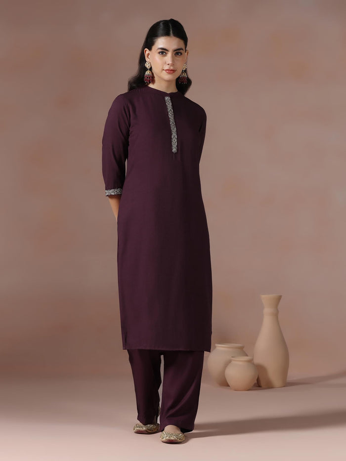 Women Poly Viscose Burgundy Embroidered Kurta Comfort Pant Dupatta.