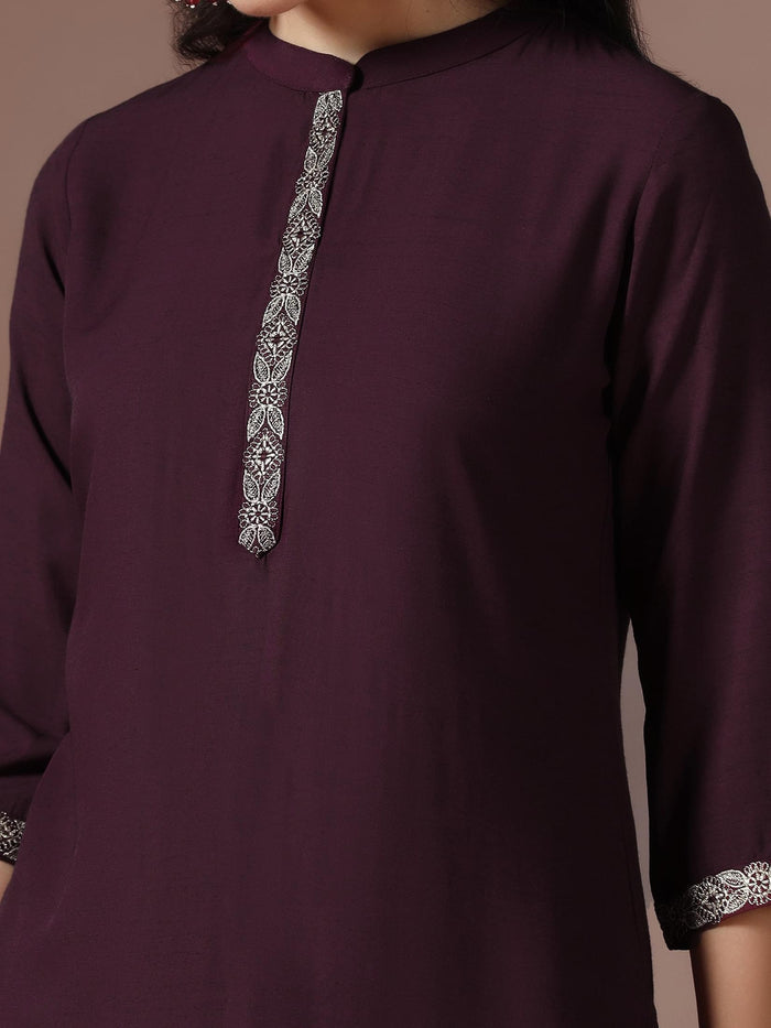 Women Poly Viscose Burgundy Embroidered Kurta Comfort Pant Dupatta.
