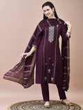 Women Poly Viscose Burgundy Embroidered Kurta Trouser Chanderi Dupatta.