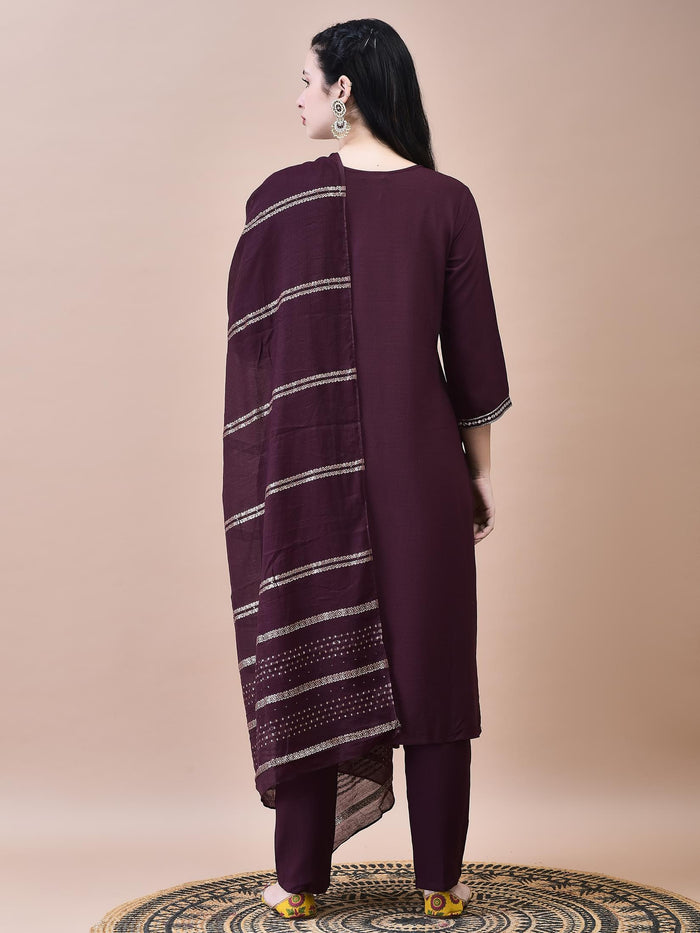 Women Poly Viscose Burgundy Embroidered Kurta Trouser Chanderi Dupatta.